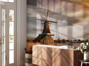Clearance Hollands landschap met molen bij zonsondergang fotobehang Steden | Architectuur