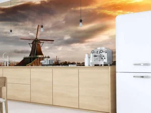 Clearance Hollands landschap met molen bij zonsondergang fotobehang Steden | Architectuur