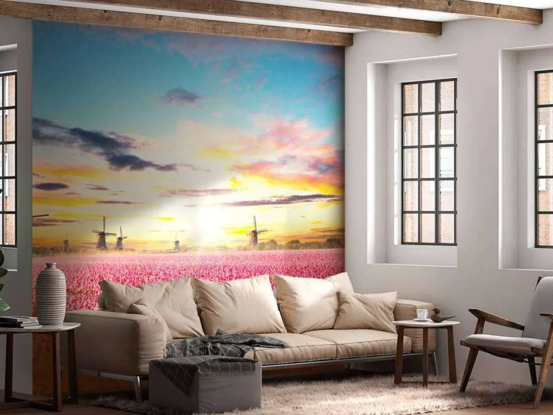 hollands_roze_tulpenveld__2.webp Discount Hollands roze tulpenveld fotobehang Hobbykamer | Bloemen