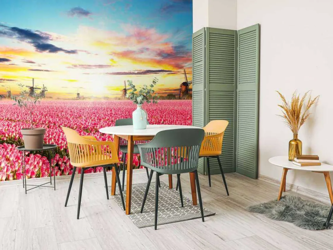 hollands_roze_tulpenveld__3.webp Discount Hollands roze tulpenveld fotobehang Hobbykamer | Bloemen