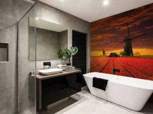 Best Hollands tulpenveld onder een rode lucht fotobehang Steden | Architectuur