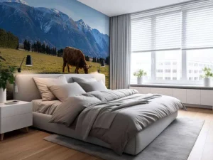 Best Hooglander met ingesneeuwde bergen fotobehang Dieren