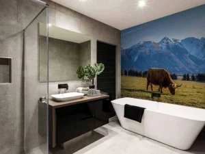 Best Hooglander met ingesneeuwde bergen fotobehang Dieren