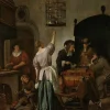 Best Interieur met een vrouw die een papegaai voert fotobehang Kunst & Design