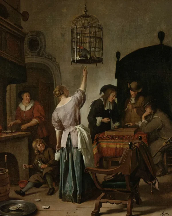 Best Interieur met een vrouw die een papegaai voert fotobehang Kunst & Design