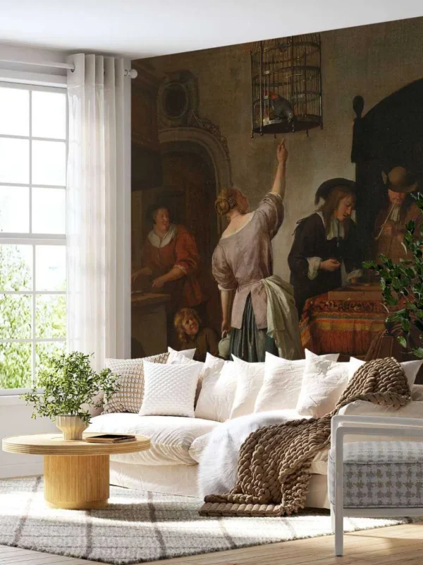 Best Interieur met een vrouw die een papegaai voert fotobehang Kunst & Design