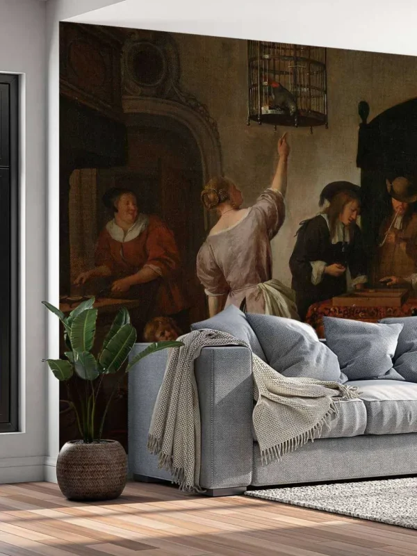 Best Interieur met een vrouw die een papegaai voert fotobehang Kunst & Design