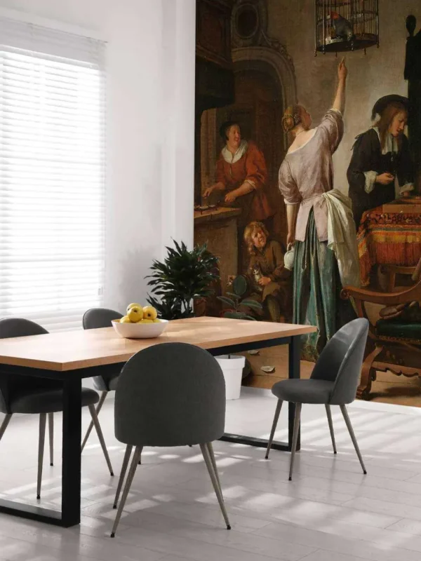 Best Interieur met een vrouw die een papegaai voert fotobehang Kunst & Design