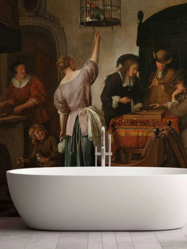 Best Interieur met een vrouw die een papegaai voert fotobehang Kunst & Design