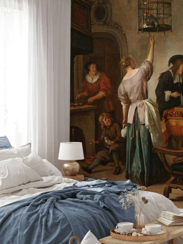 Best Interieur met een vrouw die een papegaai voert fotobehang Kunst & Design
