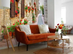 Online Italiaans straatje met veel bloemen fotobehang Architectuur