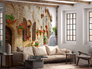 Online Italiaans straatje met veel bloemen fotobehang Architectuur