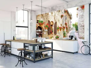 Online Italiaans straatje met veel bloemen fotobehang Architectuur