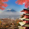 Online Japans gebouw met de berg Fuji op de achtergrond fotobehang Architectuur