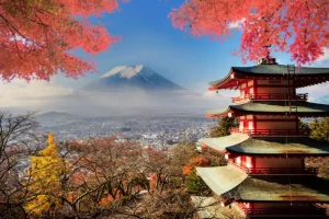 Online Japans gebouw met de berg Fuji op de achtergrond fotobehang Architectuur