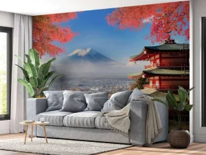 Online Japans gebouw met de berg Fuji op de achtergrond fotobehang Architectuur