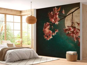 Best Kersenbloesem met de maan op de achtergrond fotobehang Bloemen