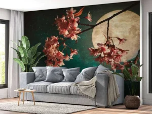 Best Kersenbloesem met de maan op de achtergrond fotobehang Bloemen