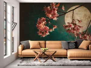 Best Kersenbloesem met de maan op de achtergrond fotobehang Bloemen