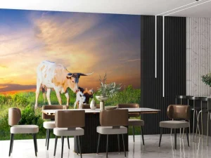 Fashion Koe en Kalf zonsondergang fotobehang Dieren