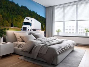 Sale Krachtige witte vrachtwagen in een berglandschap fotobehang Tienerkamer | Kinderkamer