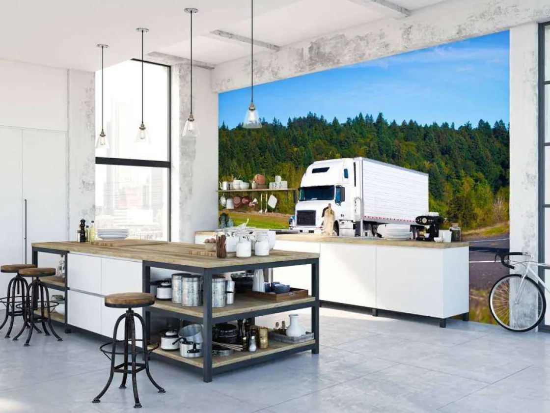 krachtige_witte_vrachtwag_6.webp Sale Krachtige witte vrachtwagen in een berglandschap fotobehang Tienerkamer | Kinderkamer