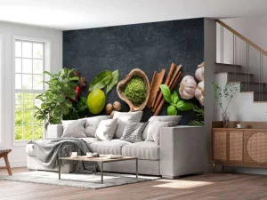 Clearance Kruiden en specerijen met een donkere achtergrond fotobehang Keuken