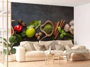 Clearance Kruiden en specerijen met een donkere achtergrond fotobehang Keuken