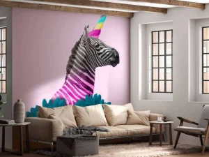 Discount Kruising van een zebra en eenhoorn met blauw-paarse bloemen fotobehang Dieren | Bloemen