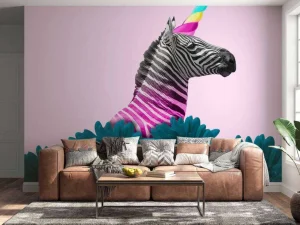 Discount Kruising van een zebra en eenhoorn met blauw-paarse bloemen fotobehang Dieren | Bloemen