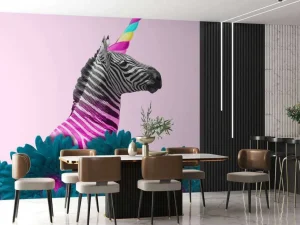 Discount Kruising van een zebra en eenhoorn met blauw-paarse bloemen fotobehang Dieren | Bloemen