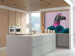 Discount Kruising van een zebra en eenhoorn met blauw-paarse bloemen fotobehang Dieren | Bloemen