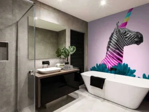 Discount Kruising van een zebra en eenhoorn met blauw-paarse bloemen fotobehang Dieren | Bloemen