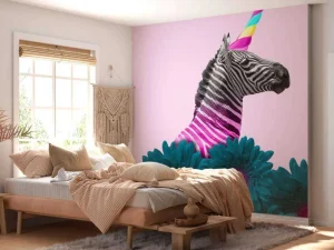 Discount Kruising van een zebra en eenhoorn met blauw-paarse bloemen fotobehang Dieren | Bloemen