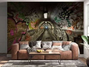 Outlet Lange ondergrondse tunnel met graffiti op de muren fotobehang Kunst & Design | 3d