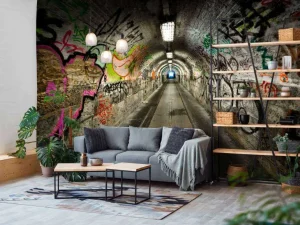 Outlet Lange ondergrondse tunnel met graffiti op de muren fotobehang Kunst & Design | 3d