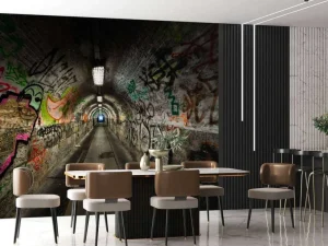 Outlet Lange ondergrondse tunnel met graffiti op de muren fotobehang Kunst & Design | 3d