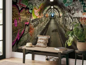 Outlet Lange ondergrondse tunnel met graffiti op de muren fotobehang Kunst & Design | 3d