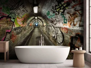 Outlet Lange ondergrondse tunnel met graffiti op de muren fotobehang Kunst & Design | 3d