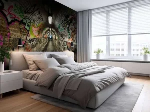 Outlet Lange ondergrondse tunnel met graffiti op de muren fotobehang Kunst & Design | 3d