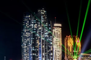 Clearance Lasershow in Dubai fotobehang Architectuur