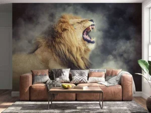 Online Leeuw in rook met een donkere achtergrond fotobehang Tienerkamer | Dieren