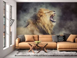 Online Leeuw in rook met een donkere achtergrond fotobehang Tienerkamer | Dieren