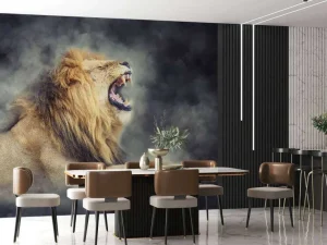 Online Leeuw in rook met een donkere achtergrond fotobehang Tienerkamer | Dieren