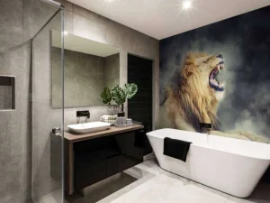 Online Leeuw in rook met een donkere achtergrond fotobehang Tienerkamer | Dieren
