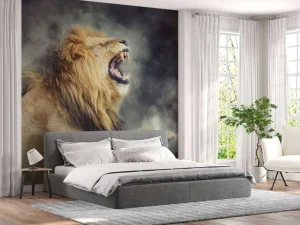 Online Leeuw in rook met een donkere achtergrond fotobehang Tienerkamer | Dieren
