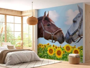 Discount Liefdevolle paarden in een zonnebloemveld fotobehang Kinderkamer