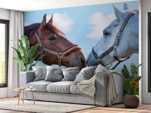 Discount Liefdevolle paarden in een zonnebloemveld fotobehang Kinderkamer