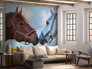 Discount Liefdevolle paarden in een zonnebloemveld fotobehang Kinderkamer