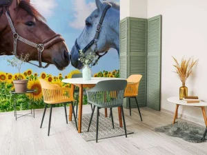 Discount Liefdevolle paarden in een zonnebloemveld fotobehang Kinderkamer